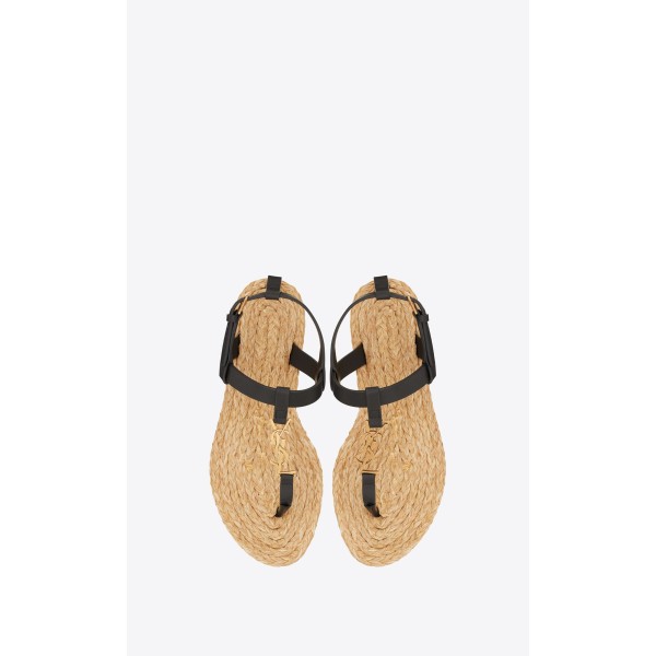 YSL Cassandra Brown Letter Logo Smooth Leather Flat Sandals