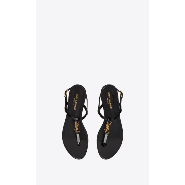 YSL Cassandra letter logo patent leather flat sandals